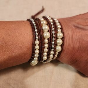 Handmade Glass Pearls and Silver Beaded Wrap Bracelet. NEW